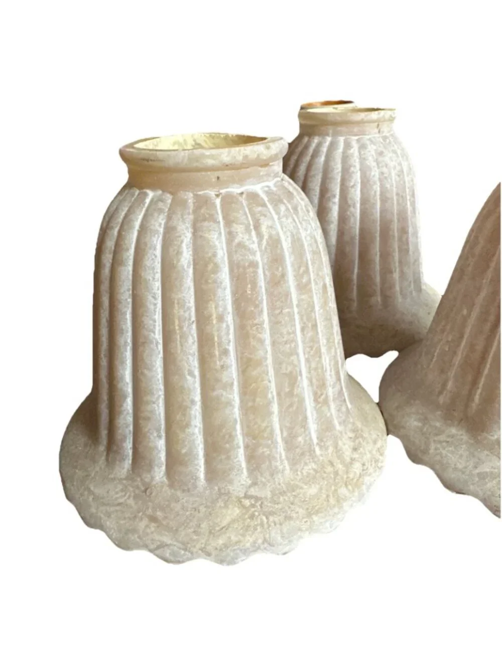 Vintage Fitted Glass Bell Shades Three Beige Marble Painted Ribbed Scalloped